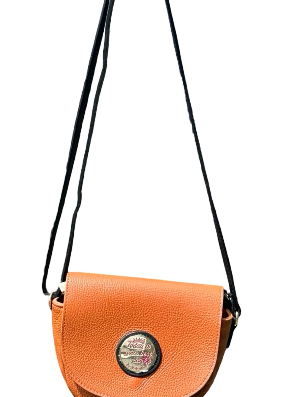 Valentina Orange Cognac Pebbled Leather Crossbody Saddle Bag - Made In Italy - Picture 3 of 16